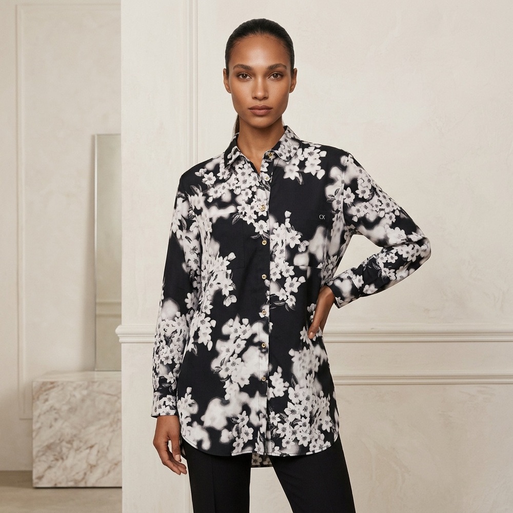Classy Calvin Klein Black Floral Button-Down Flowy Blouse Size M-L